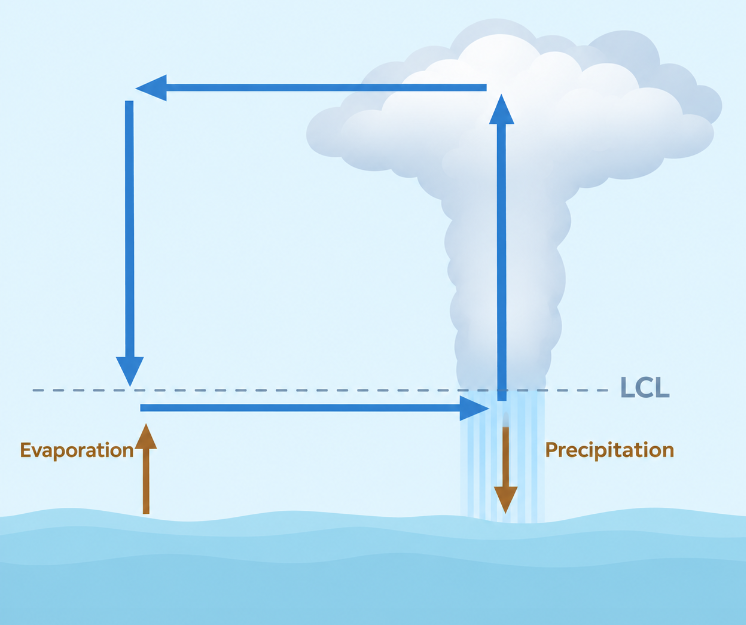 Schematic of tropical convection and precipitation, showing evaporation E, precipitation P, the lifting condensation level, and atmospheric transport between high and low pressure